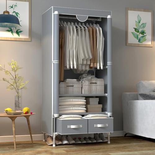 Anmas Power Portable Canvas Wardrobe with 2 Drawers, Portable Closet with Hanging Rail and Wardrobe Shelves, 75x45x170cm Wardrobe for Bedroom, Grey