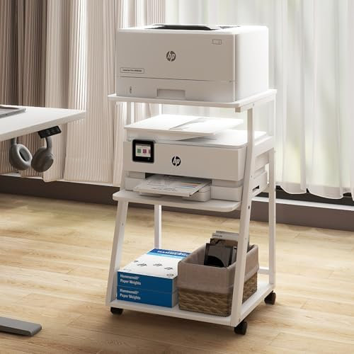 PUNCIA Druckertisch mit Rollen 3-stufiger Druckerständer mit verstellbare Ablage 50 x 40 cm Druckerwagen aus Holz & Metall Druckerregal Tisch für Drucker Kopierer Scanner Büro Weiß