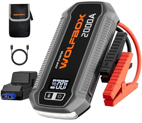 WOLFBOX 2000A Jump Starter Power Pack, 44.4Wh Car Starter Power Bank with 30W Quick Charge,LED Display,12V Car Battery Booster Jump Starter (7L Gas 6L Diesel Engine) with Booster,LED Light,Jump Leads