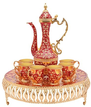 Set di teiera turca vintage con 6 tazze da caffè e vassoio da tè, tazza da caffè e teiera, set di bicchieri da tè turchi, per feste a casa (oro + rosso)
