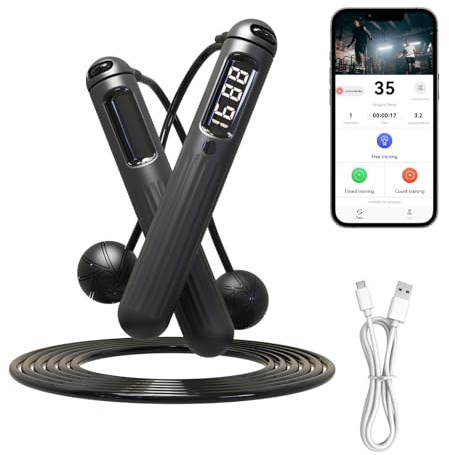 Cordless Skipping Rope with Counter, Type-C Weighted Skipping Ropes for Adults, USB Charging Smart Adjustable Jump Rope with APP, Workout Equipment for Women Men Adult, Boxing, Gym, MMA