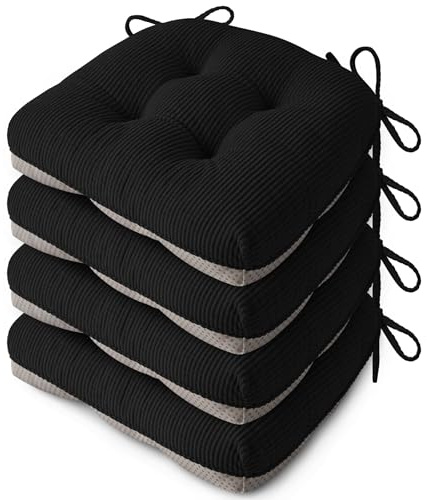 FlyGulls Seat Cushions for Dining Chairs Set of 4, 46X42X8cm, Black | Elegant Breathable Textured Fabric, with Ties, Tufted, Thick Polyester Filling, for Folding Chairs, Kitchen, Office