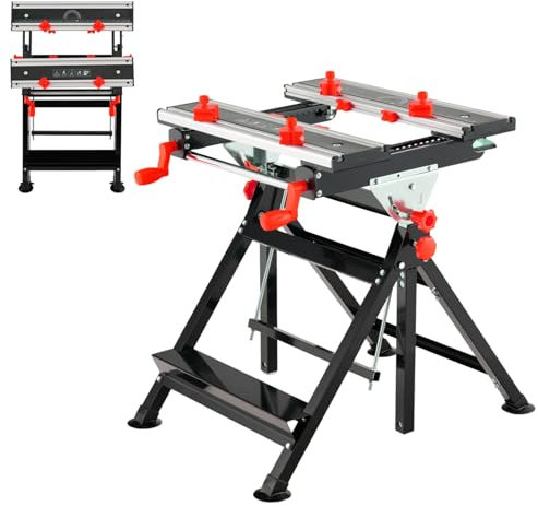 HOMFME Folding Workbench, 7 Level Height Adjustable Workstation Tool Stand with 4 Position Tiltable Platform, 8 Sliding Clamps, Protractor and Ruler, Heavy Duty Metal Work Bench Table Sawhorse (Red)