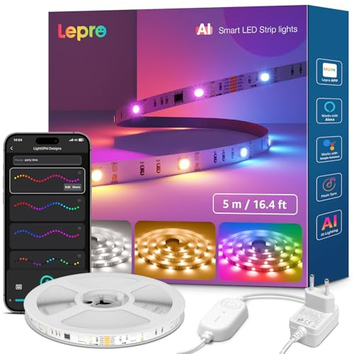 Lepro S2 AI Tira LED 5M RGB, Fonciona con Alexa y Google Assistant, Control de WiFi y Bluetooth y Segmentado, Diseñador de Iluminación AI Personalizado, Sincronización Música, Luz para Fiesta, Gaming