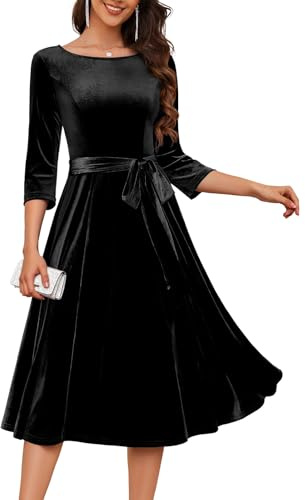 DRESSTELLS Black Velvet Dresses for Women, Vintage Wedding Guest Velour Dress Knee Length, 3/4 Sleeve Church Formal Party Holiday Prom M