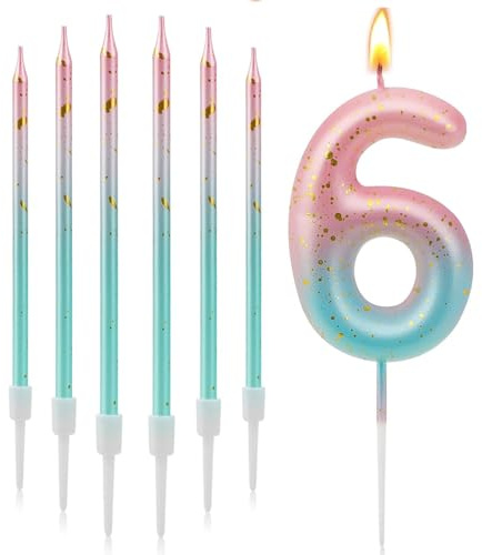 Chiffre 6 en 3D avec Dégradé Rose et Bleu - Bougie d'Anniversaire Réutilisable pour Fille et Garçon - Décoration pour Gâteau