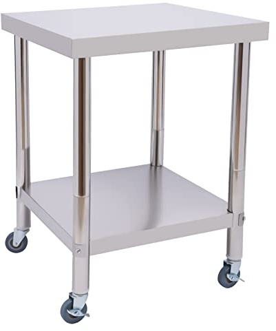 HPDTZ Arbetsbord i rostfritt stål 60 x 60 cm, mobil arbetsbänk med 2 nivåer, rullbar servervagn som skänk, gästbord och hylla, lastkapacitet upp till 300 kg för köket