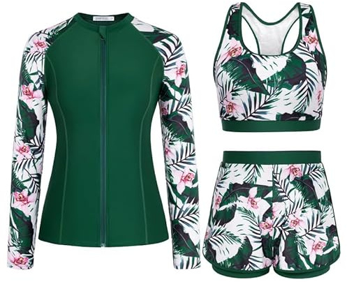 JASAMBAC Rash Guard Swimwear Womens,Ladies Long Sleeve Swimsuit,Swimming Costume Women, Tummy Control Swimwear Rash Guard Swimsuit Bikini Top & High Waist Boyshorts Zipper Modest Bathing Suit