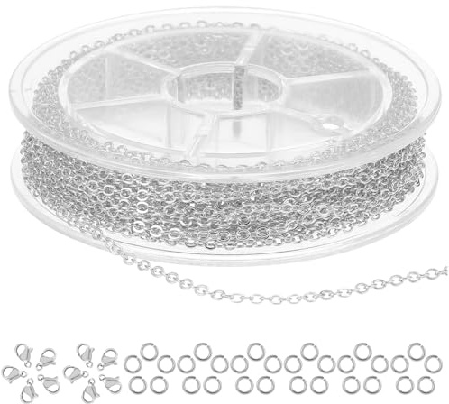 Wanmu 9.8Ft Stainless Steel Chain for Jewelry Making, 1.5mm Necklace Link Cable Chains Roll with 10 Lobster Clasps and 30 Open Jump Rings, Charm Bracelet Supplies for Men Women DIY Craft (White k)