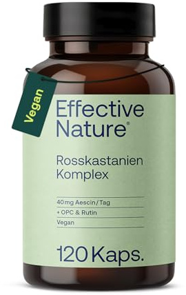 Effective Nature Rosskastanien Komplex 120 Kapseln – 40 mg Aescin pro Tag – mit OPC aus Traubenkern & Rutin aus Buchweizen – Vegan & Laborgeprüft
