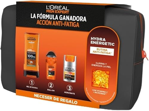 L'Oréal Paris Men Expert Hydra Energetic Set de Regalo Hombre con Neceser, Kit Antifatiga 24h con Vitamina C y Guaraná, Incluye Crema Hidratante, Gel de Ducha y Desodorante para Piel Cansada