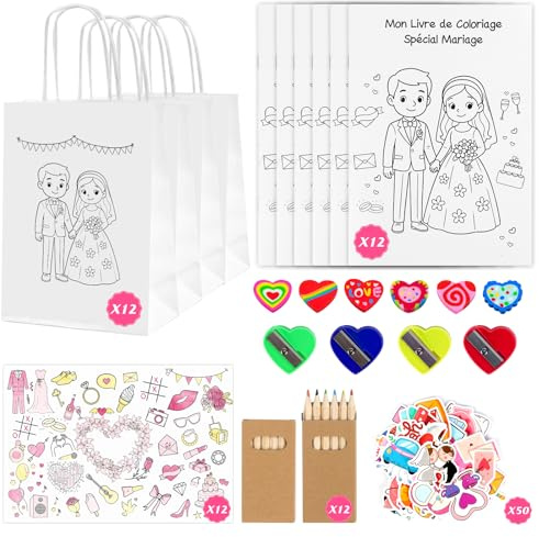 Lot de 12 Kits Coffret Cadeau Mariage Enfant 122 Pièces Livres de Coloriage Sets de Table à Colorier Crayons Autocollants et Sacs à Offrir Activités Calmes et Ludiques pour Enfants Décoration de Table