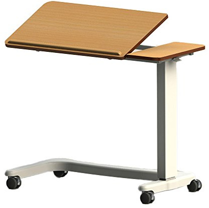 NRS Healthcare EasyLift Over Bed / Chair Table Beech N85195 Height Adjustable - Curved Wheelchair Base and Tilting Split Top
