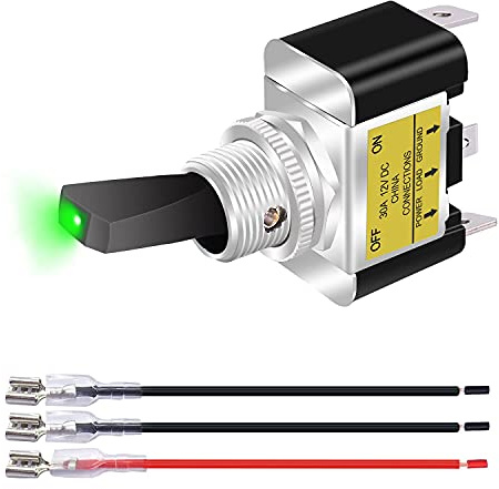 mxuteuk 12V 30A Interruttore a levetta con luce a bilanciere con filo, LED verde Interruttore a levetta illuminato SPST ON/OFF 2 posizioni 3 pin per auto camion barca ATV ASW-07D-2-GX
