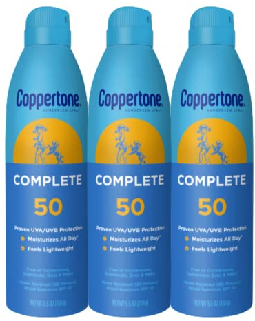Coppertone Complete Sunscreen Spray SPF 50, Spray Sunscreen for Body, Lightweight, Water Resistant, 5.5 Oz, Pack of 3