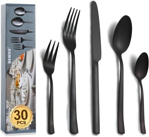 BEWOS matbesticksset för 6 personer, 30-delars set i rostfritt stål, matt svart set med knivar, gafflar och skedar, högglansigt och diskmedelssäkert