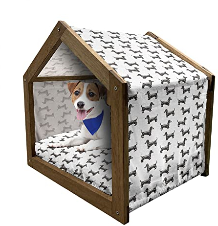 ABAKUHAUS Dackel Hundehütte aus Holz, Hunde Musterlinien, tragbare Hundehütte für drinnen und draußen mit Kissen und Abdeckung, 45 cm x 60 cm, Dunkle Taupe, Grau, Weiß