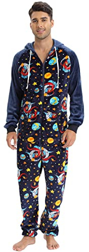 QIYUANT Mameluco para hombre con capucha, mono navideño para adultos, cálido, suave y esponjoso, de franela, de una pieza, todo en uno, pijamas con cremallera, mono de invierno, ropa de dormir