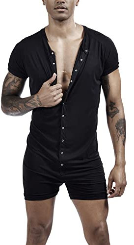 AIEOE Atmungsaktiver Herren-Gymnastikanzug mit kurzen Ärmeln, Einteiler, Henley-Overall, dehnbar, lässig, Gymnastikanzug, Schwarz , L