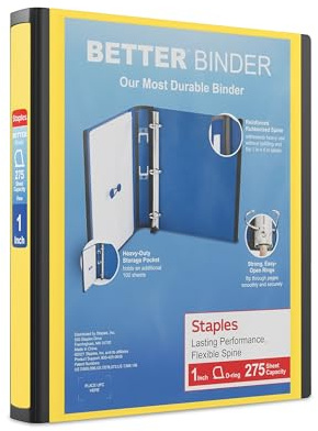 Staples Better Binder, 1 Heavy‑Duty D‑Ring 3‑Ring Binder, Yellow, Reinforced Spine, 275‑Sheet Capacity, Reliable School & Office Binder for Reports & Projects, 3‑Pack