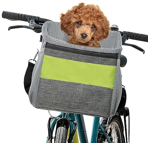 ALLSOPETS Cesta para Bicicletas Perros, Portabicicletas para Perros, Transportin Perro Mochila Gato, Desmontable Cesta Delantera para Bicicleta para Perros con Bolsillos, para Viajar Gris