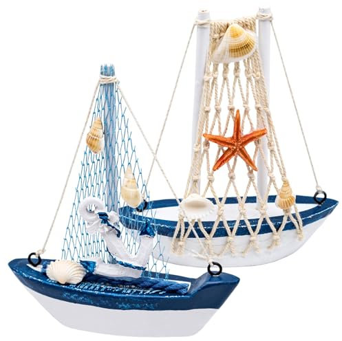 Cisolen 2pcs Mini Sailboat Decor, Wooden Miniature Sailing Boat Model, Mediterranean Style Sailing Boat Ornaments for Home Bedroom Office Desktop Crafts Sailor Nautical Favors Gifts