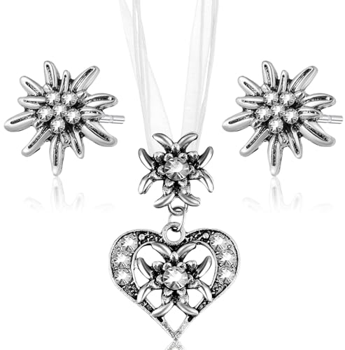 3 Stück Trachtenkette Wiesnherz,Trachtenschmuck Damen Set,Oktoberfest Trachtenschmuck Damen,Edelweiss Dirndl Schmuck für Damen Bierfest Trachten Dirndl Outfit Accessoires Oder Lederhose Damen Tracht