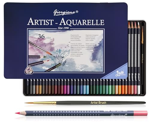 Surcotto Watercolour Pencils - 36 Colouring Pencils Watercolour,Water-Soluble Coloured Pencils for School,Beginners, Students and Adults | Water-Based, Soft Colours,Wooden Barrel with Tin & Fine Brush