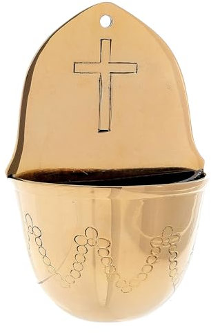 Holyart Acquasantiera Ottone Dorato festoni incisi 13 cm