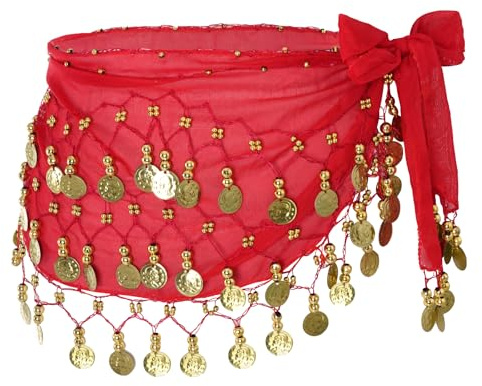 Jmkcoz Women Belly Dance Hip Scarf with Sequins Coins, Belly Dancing Skirts Wrap for Bellydance Zumba Halloween Performance Costume Red
