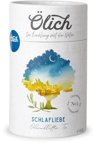 Ölich Premium Schlaftee | Entspannungstee aus Olivenblättern mit Baldrianwurzel und Passionsblume | Mildes Aroma aus eignen Hainen, 125g