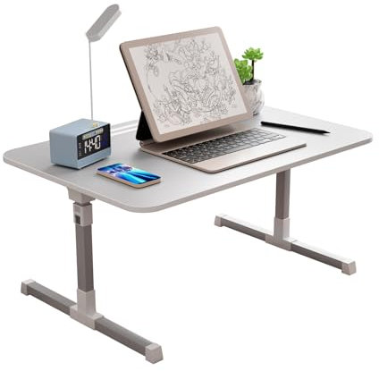 cadciehe Foldable Laptop Bed Tray Table, Adjustable Laptop Bed Stand, Lap Desk with LED Light, Portable Standing Table with Foldable Legs, USB Charging, Folding Lap Tablet Table for Sofa Couch Grey
