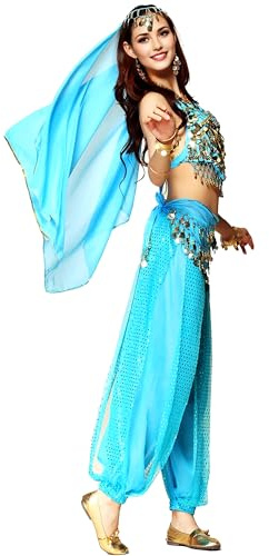 Baisdan Disfraz de danza del vientre para mujer, disfraz de princesa árabe para carnaval, Halloween, color azul claro