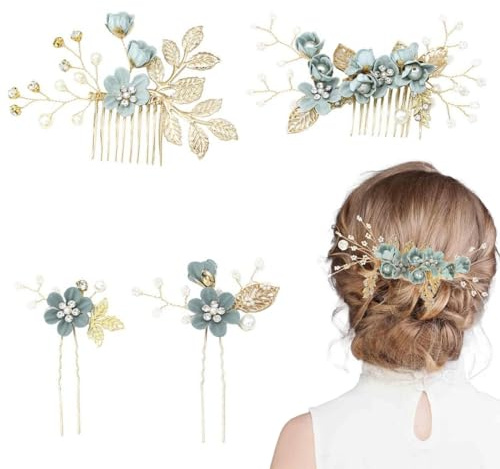 QEDBOJE Set di 4 Fermagli Capelli Sposa, Accessori Capelli Sposa con Strass Verdi, Fermagli con Fiori per Donne, Accessori per Capelli da Cerimonia, Decorazioni Capelli Sposa