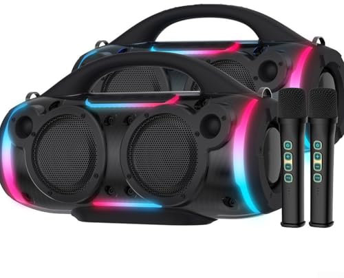 Sistema di altoparlanti karaoke portatile con uscita da 60 W, microfoni wireless e RGB dinamico per eventi (nero)