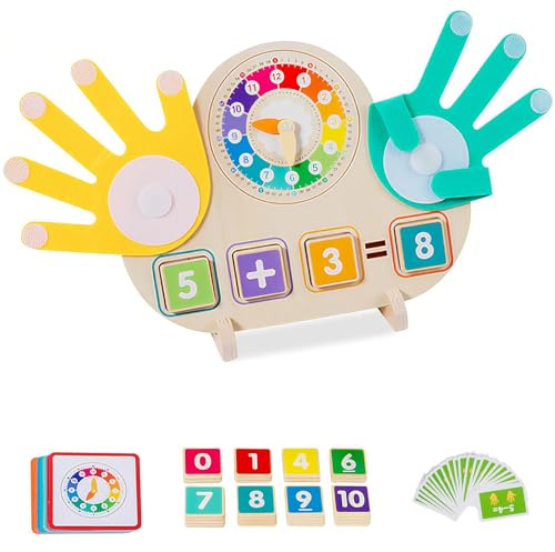 Jeux Montessori Multifonctionnel Mathématiques, Jouet en Bois pour Compter les Doigts avec Horloge, Jeux Éducatifs pour Enfants, Jouet Montessori Cadeau pour Enfant de 3 4 5 6 7 8 9 Ans (Horloge)