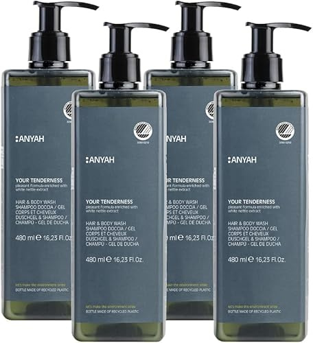 ANYAH Doccia Shampoo Delicato - 4 x 480 ml - Gel Docciaschiuma Corpo e Capelli con Ortica Bianca - Formula Vegana & Certificata Ecolabel