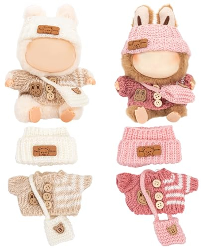 Doll Clothes for 17cm Plush Dolls, 2 Sets of Lu-bubu Doll Knitted Outfit Dress Up Clothing Set Doll Accessories, Not Include Dolls (White and Pink)