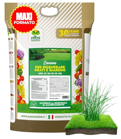 Albagarden – Concime Prato Microgranulare Lenta Cessione – 5 kg – Preserva il Tappeto da Ingiallimento Fogliare – Fertilizzante Prato Erboso NPK 15-9-15 con Ferro e Magnesio - Made in Italy