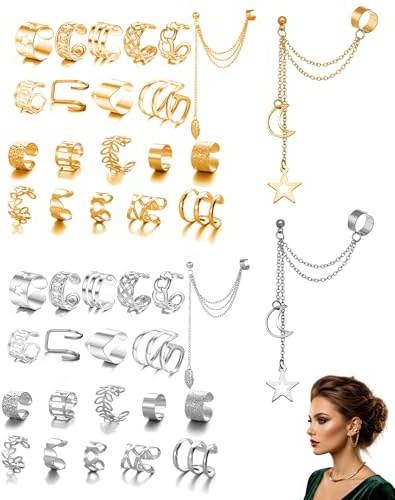 ZAMXHUG 42 piezas Ear Cuff Pendientes Cadena, Piercing Oreja Acero Quirúrgico, Acero Quirúrgico, Pendientes Mujer Plata, Manguito Oreja Clip Ajustable, No Perforado