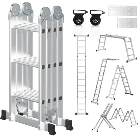 Fiqops Escalera multiusos 4x3, multifunción 7 en 1 de 360 cm, escalera plegable de aluminio con 2 plataformas y ruedas, 12 peldaños, hasta 150 kg, para casa, jardín, garaje y renovación