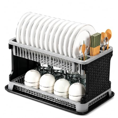 Escurreplatos Plastic, 2 Capas Escurridor de Platos, 44.2x30x26.8cm, Negro | Escurreplatos con Bandeja, Gran Capacidad y Resistencia