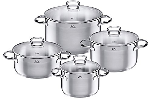 Silit Toskana Topfset Induktion 4-teilig, Kochtopf Set mit Glasdeckel, Edelstahl teilmattiert, Induktions Töpfe Set unbeschichtet