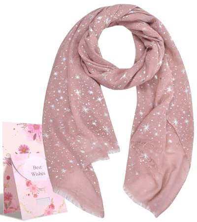 Tuopuda Femme Foulard Argent Étoile Feuille de Lune Paillette Imprimé Écharpe Foil Print Léger Doux Wraps Sparkly Châle Scintillante Scarf-180cm x 70cm-Rose (étoile d'argent)