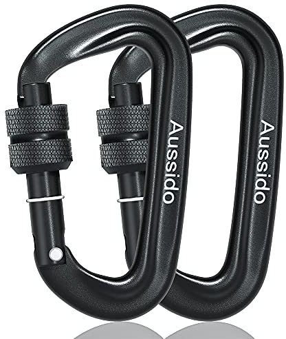 Aussido Carabiner 12KN Screwgate Locking Carabiner Clip Heavy Duty for Gym Hammock Backpack Keychain Dog Leash - 2 PACK (Black)