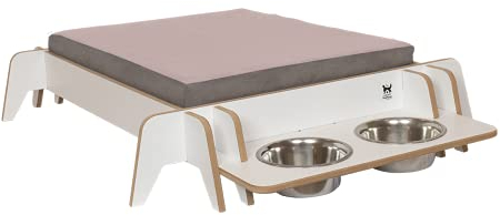 Luxury Dog House Paros – vit med dubbel matskål | hundsovplats | hundsovplats med kudde | elegant sovplats för lägenheten | dubbelsidig kudde