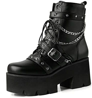 QZPM Gothique Punk Bottines De Combat À Plateforme pour Femmes Talon Épais Boucle À Lacets Bottes De Motard,Noir,46 EU
