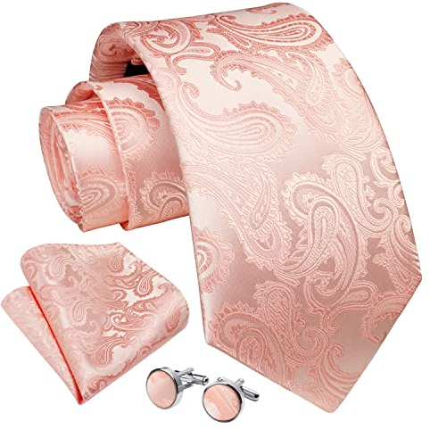 Enlision Rosa Pink Krawatte Herren Paisley Hochzeit Krawatten und Einstecktuch mit Manschettenknöpfe Set Elegant Seide Einfarbig Seidenkrawatte mit Taschentuch Business Party