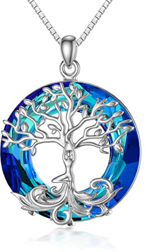 ROMANTICWORK Livets träd kedja sterlingsilver livets träd hänge halsband viking abalone mussla månsten yoga smycken gåva för kvinnor flickor, Sterlingsilver, Kristall