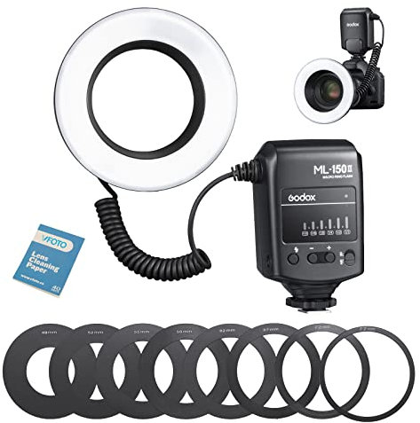 GODOX ML-150II Macro Ring Flash Light GN12 5800K 0.1-2s Recycle Times Speedlite with 8 Adapter Rings Compatible for Sony Canon Nikon Fuji Panasonic Olympus DSLR Cameras